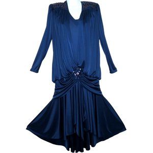Vintage Susan Roselli Vijack Womens M/L Periwinkle Rhinestone Ruched Midi Dress